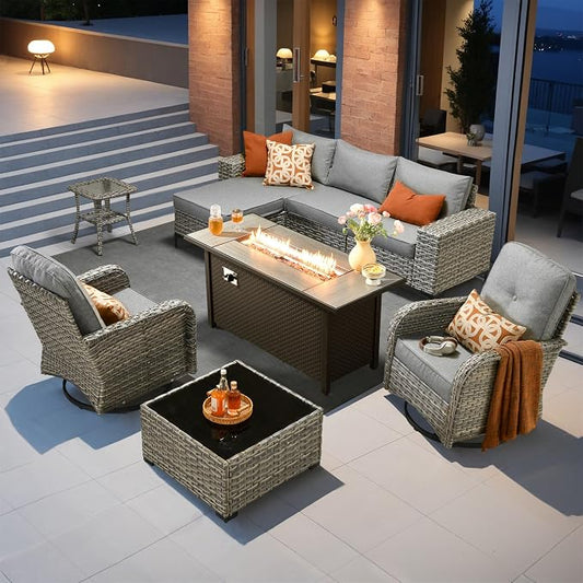 Outdoor Sectional Patio Furniture Set with Fire Pit Table,8 Pieces Wicker Conversation Sets L Shaped Couch,Extra Deep Out Door Sofa Outside Furniture with Swivel Chairs,Dark Gray