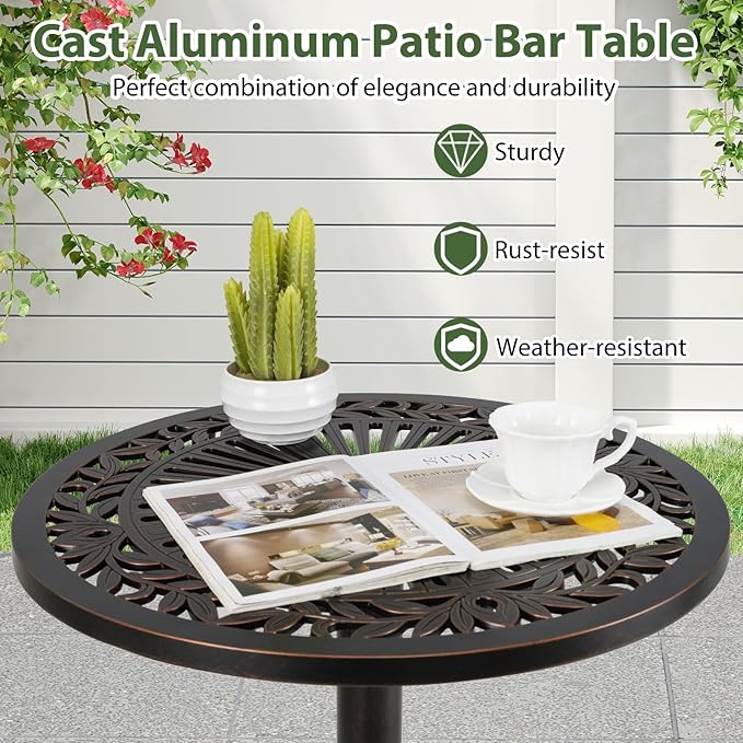 COSTWAY 24" Patio Round Bar Table, 41.5" Pub Height Cast Aluminum High Top Table with Carved Texture for Outdoor, Bistro, Garden, Backyard, Balcony, Poolside, Bronze