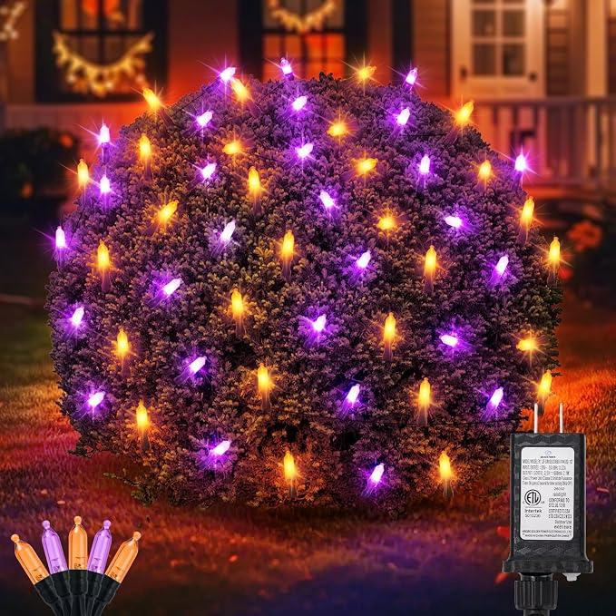 2 Pack 120LED Net Lights Outdoor, 5ft x 6ft Connectable Mesh Lights, 8 Modes 3.5V Low Voltage Waterproof Bush Lights for Trees, Bushes, Wedding, Party Decor (Orange/Purple, 2Pack)