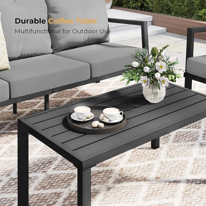 HAPPATIO Aluminum Patio Furniture Set, 4 Pieces Conversation Set with Thick Cushions and Coffee Table, All Weather Loveseat Waterproof and Rustproof for Garden, Backyard, Porch, Black