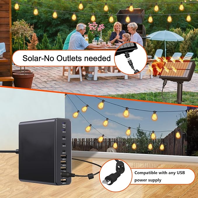 BLIATLUS 50FT Solar String Lights Outdoor Remote 17 Shatterproof LED Bulbs | Waterproof Remote Control Solar Lights Porch Garden Market Bistro Patio Backyard Fence