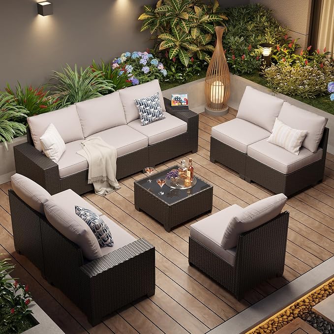 Aoxun Patio Furniture Set, 9 Pcs Outdoor Patio Furniture Sets with 4 in Thicken Cushion, Widen Armrests Wicker Outdoor Sectional for Backyard & Garden, Grey