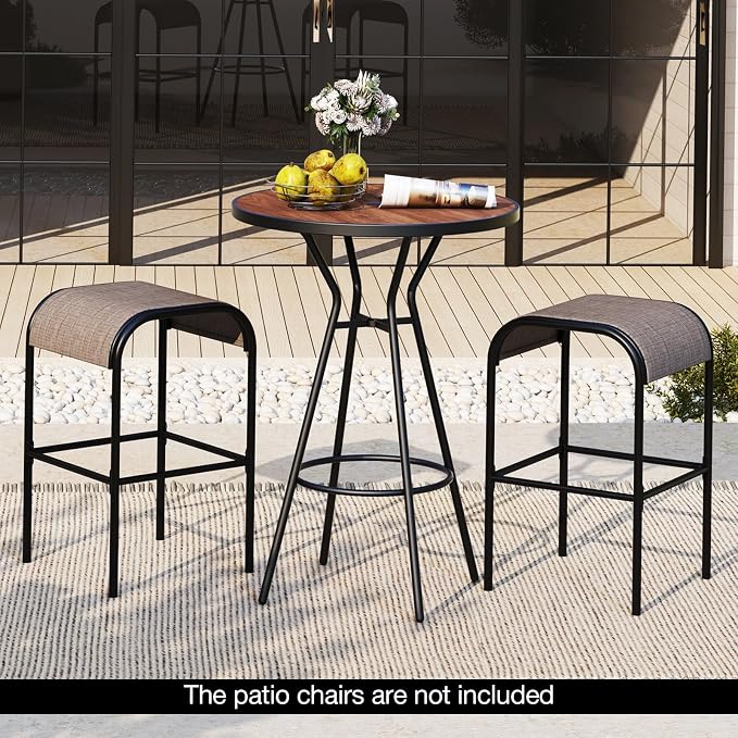 Tangkula 28” Outdoor Bar Table, Round Bar Height Table with Wood-Like Tabletop, Umbrella Hole & Footrest, Patio Bistro Table, High Top Table for Backyard, Garden & Deck