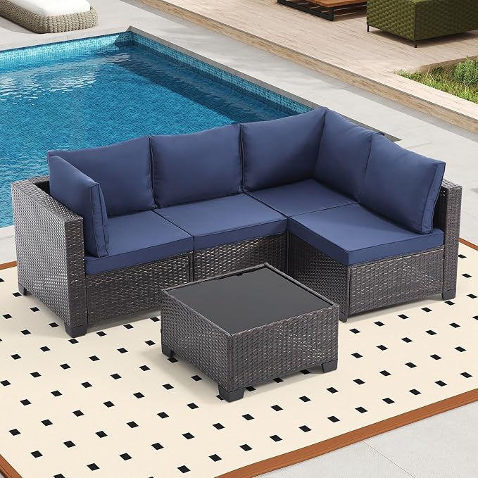 Bonzy Home 5 Pieces Outdoor Patio Furniture Set, PE Rattan Outdoor Sectional Furniture Sofa Set with Removable Cover and Glass Coffee Table, Patio Sofa for Balcony, Porch, Garden, (Brown-Navy Blue)