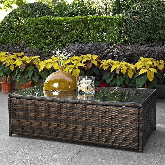 HomeStock Victorian Elegance Outdoor Wicker Table with Glass Top, Brown - 23.63" D x 43.5" W x 13.75" H, Tempered Glass Top, Durable Steel Frame