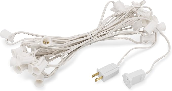 C9 Light Strings | 25' White Cord with 12" Socket Spacing, E17 Light Stringer for C9 Christmas Lights