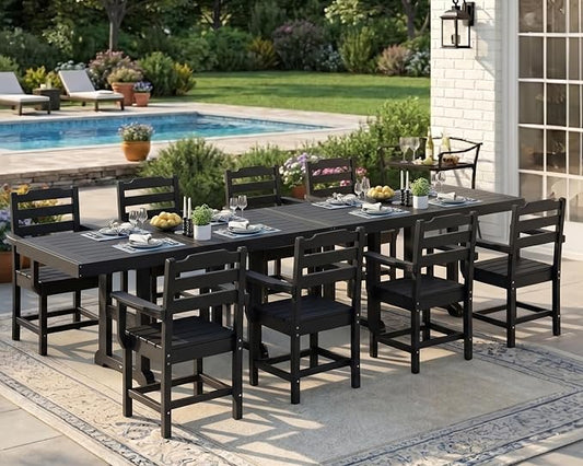 10 Piece Outdoor Dining Set All Weather HDPE Patio Table and Chairs Set for 8 with Umbrella Hole Outdoor Furniture for Deck, Backyard, Garden (Black)