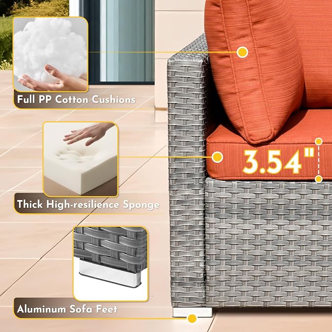 Weaxty 5 Pieces Patio Furniture Sets,Wicker Outdoor Sectional Sofa with Thicken Cushion and Rattan Coffee Table,Patio Conversation Couch Set for Porch, Balcony,Yard, Poolside,Orange Red
