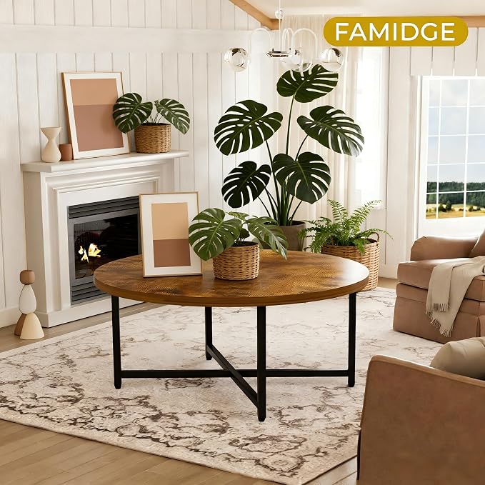 FAMIDGE Coffee Table, 31.5" Large Round Coffee Table for Living Room, Center Tables for Family & Office Use, Outdoor Coffee Table Round, Large Rustic Brown(31.5" D x 17.7" H)