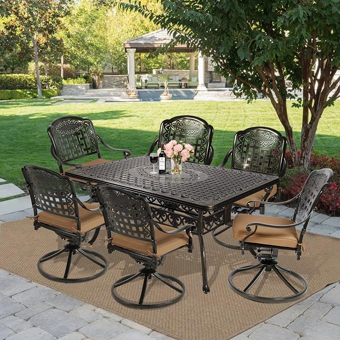 MEETWARM 7-Piece Outdoor Patio Dining Set, All-Weather Cast Aluminum Patio Conversation Set with 6 Cushioned Swivel Rocker Chairs for Backyard Garden Deck, 1 Rectangular Table, 2" Umbrella Hole
