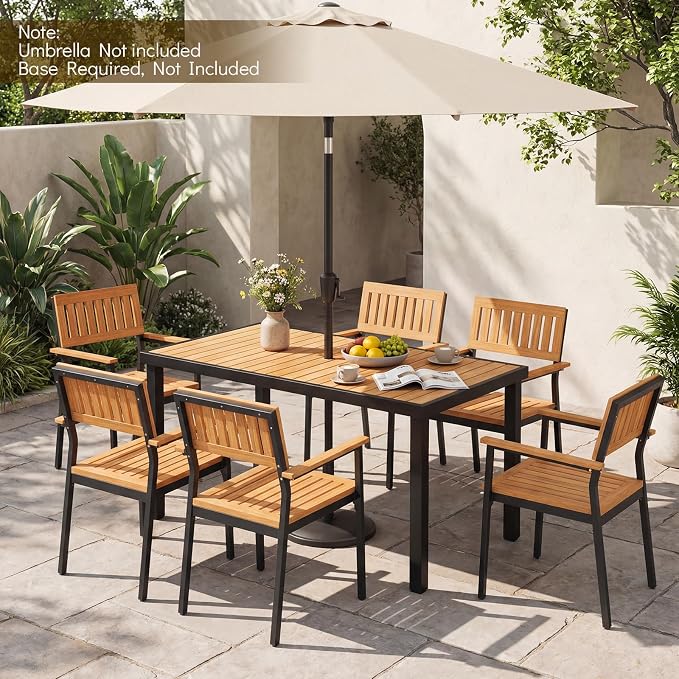 Tangkula 58" Rectangular Patio Dining Table for 6, Acacia Wood Outdoor Table with Slatted Top, 1.97" Umbrella Hole and Heavy Duty Metal Frame, Outside Table for Porch, Garden, Yard, Deck and Poolside