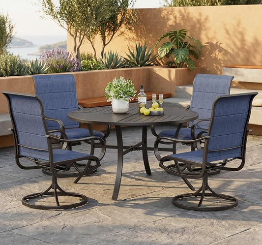 PHI VILLA Patio Dining Set for 4, Round Table w/Padded Swivel Chairs, Blue | All-weather E-coating metal frame with padded textilene seating. Designed for outdoor dining, deck, lawn, garden