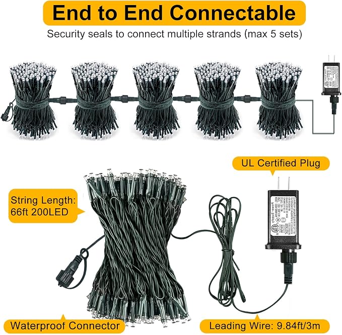 Blue Christmas Lights Outdoor, 66FT 200 LED Christmas Tree Lights | Waterproof 8 Modes Connectable String Lights for Outside Indoor House Patio Yard Xmas Garden Party Wedding Decorations