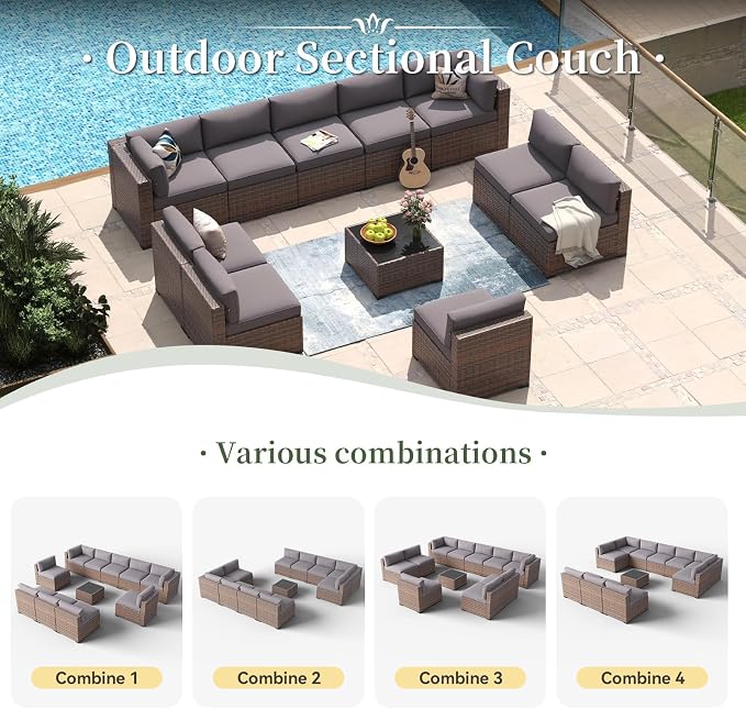 Aoxun 11 Piece Patio Furniture Set Wicker Rattan Patio Conversation Set Outdoor Sectional Sofa Set with Coffee Table and Thickened Cushions, Gray