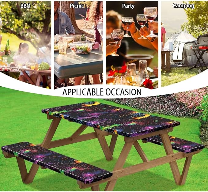 Halloween Picnic Table Cover with Bench Covers Lightweight Camping Essentials, Oil-Proof Waterproof 3PCS Tablecloth with Elastic, Fitted for Table 6FT Rectangle and Seats