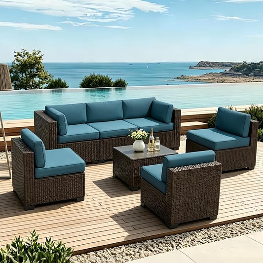 SHGJ&SOFT 7 Piece Outdoor Patio Furniture Set, All-Weather Rattan Wicker Modular Sectional Sofa Set with Water-Resistant Cushions&Tempered Glass Table for Backyard Poolside(Peacock Blue,7pcs)