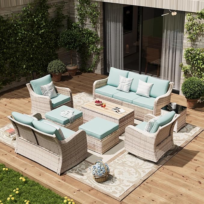 MEISSALIVVE Patio Furniture Set with Swivel Rocking Chairs, 8 Pieces Patio Conversation Set, Outdoor Wicker Sofa Couch with Waterproof Cushions for Lawn Backyard Porch (Blue)