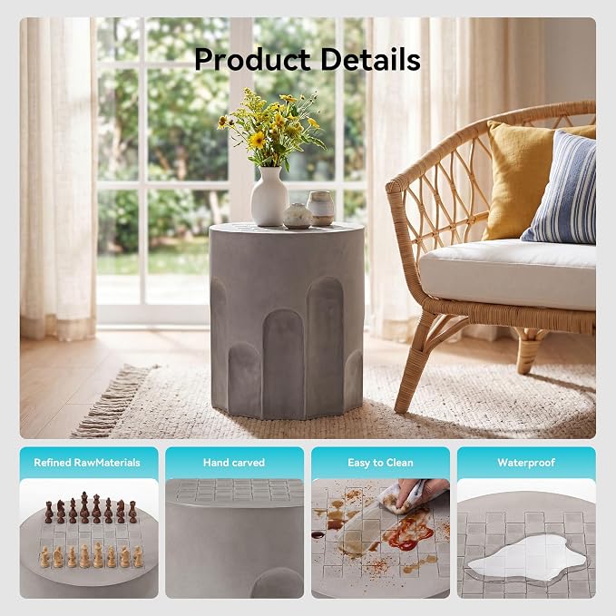 COSIEST Outdoor Side Table, 16.9" Modern Concrete End Table w Chessboard for Patio,Lightweight Round Outside Accent Table & Plant Stand for Garden, Porch, Deck, Balcony，Grey