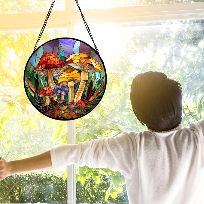 DASTOLL Stained Glass Window Hanging, Jungle Mushrooms Sun Catchers Diamond Glass Panel Hangings Plant Suncatcher Decor for Birthday for Women, Men, Wife, Aunt, and Mom 9.8 in