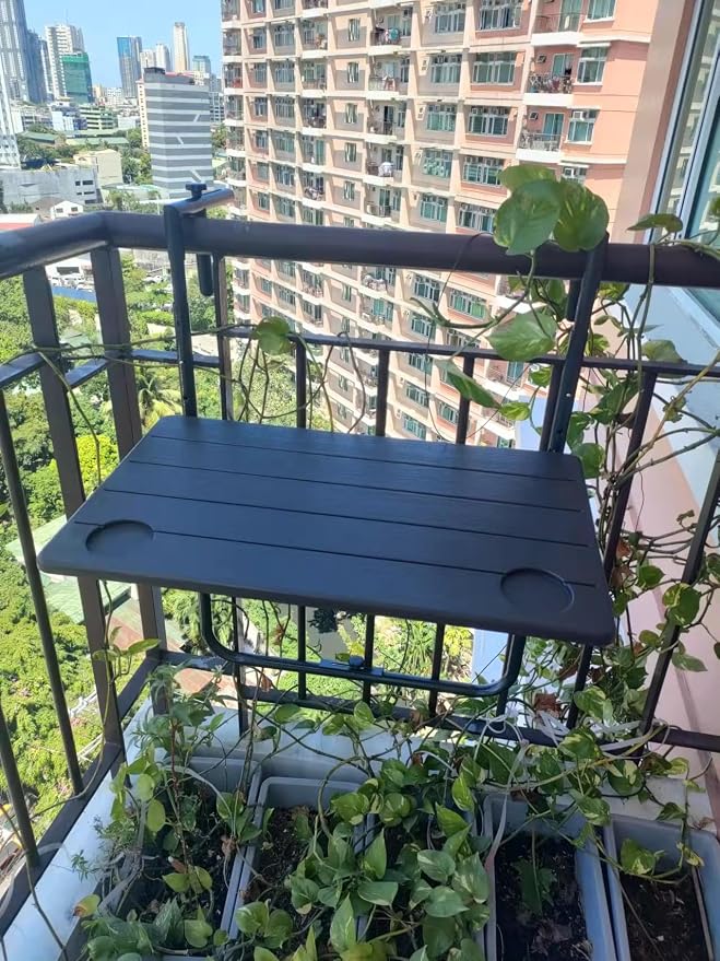 Folding Balcony Table Hanging Outdoor Foldable 3-Way Height Adjustable Wooden Look Weatherproof Table Open Size 60 x 36 cm Brown Color Outdoor Indoor spacesaving Room
