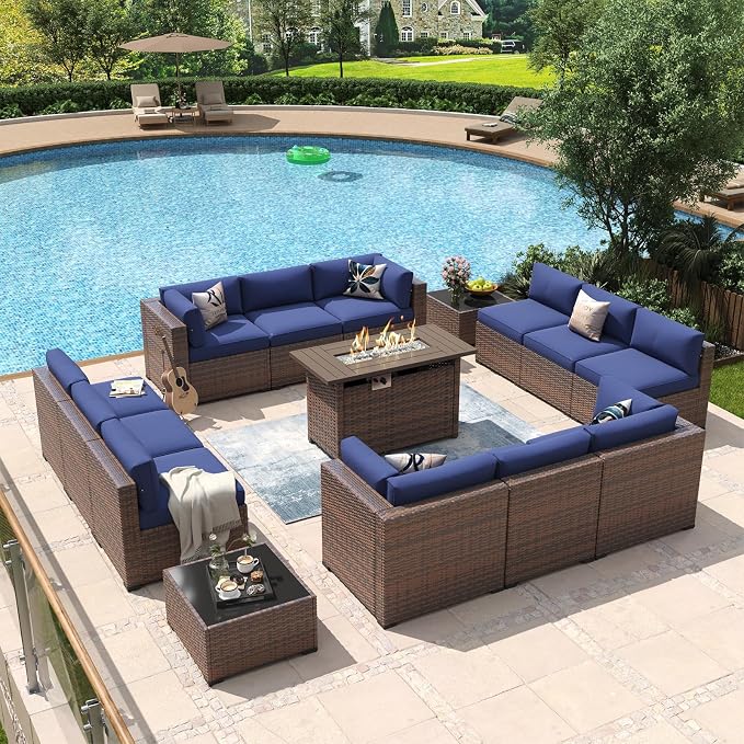 Aoxun 15 Piece Patio Furniture Set with 44” Fire Pit Table Wicker Rattan Outdoor Sectional Sofa Set with Coffee Table and Thickened Cushions, Blue
