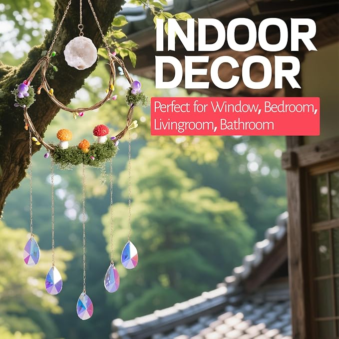 Mushroom Sun Catcher for Window Garden Decor - Mushroom Home Decor | Piece with Healing Amethyst, suncatcher Crystal Hanging Indoor Suncatcher Outdoor Wall Rainbow Maker Perfect Ornaments House