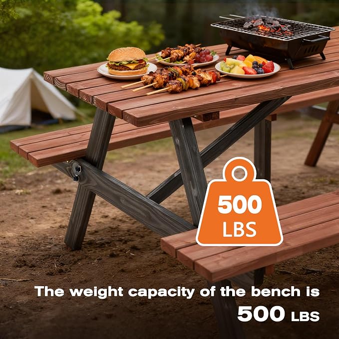 Hohuqeri Wood Picnic Table, 75” Tabletop with Umbrella Hole, 8 Person Outdoor Wooden Picnic Table Bench Set for Patio, BBQ, Dining