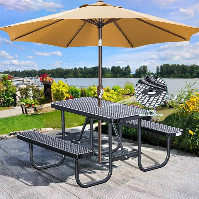 4FT Rectangular Outdoor Picnic Table and 2 Benches Set with Umbrella Hole, Metal Expanded Commercial Steel Heavy Duty Sturdy Picnic Tables Furniture Set for Yard Patio Lawn Party Coffee, Black