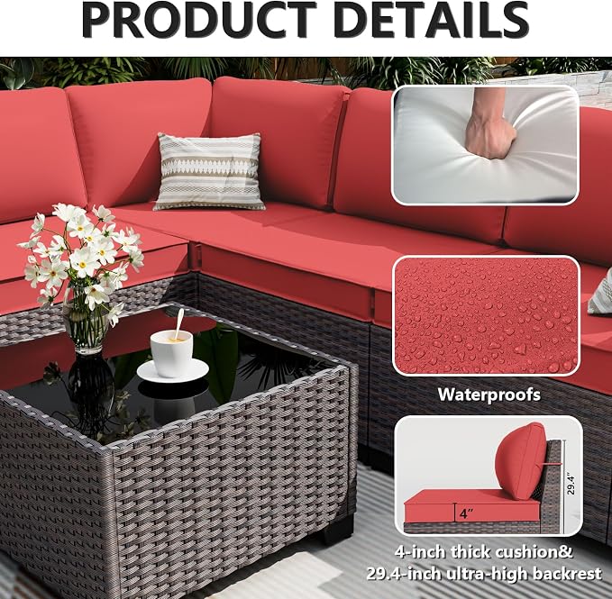ALAULM 12 Pieces Outdoor Patio Furniture Set Sectional Sofa Sets Brown PE Rattan Patio Conversation Set w/10 Rose Red Seat Cushions and 2 Coffee Tables
