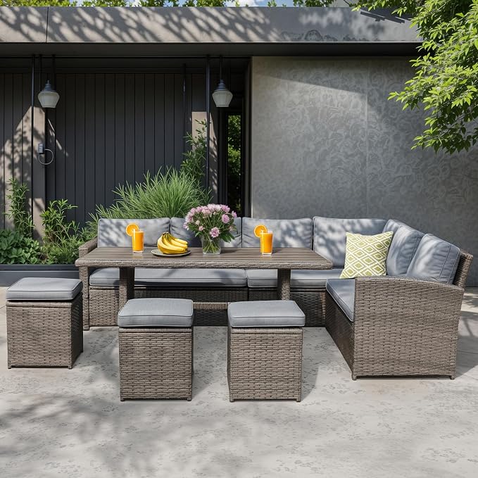 JOIVI Outdoor Patio Furniture Set, 7 Piece Patio Dining Sofa Set, Outdoor Sectional Couch Conversation Set All Weather Wicker Rattan Aluminum Desktop Dining Table & Chair with Ottomans, Gray Cushion