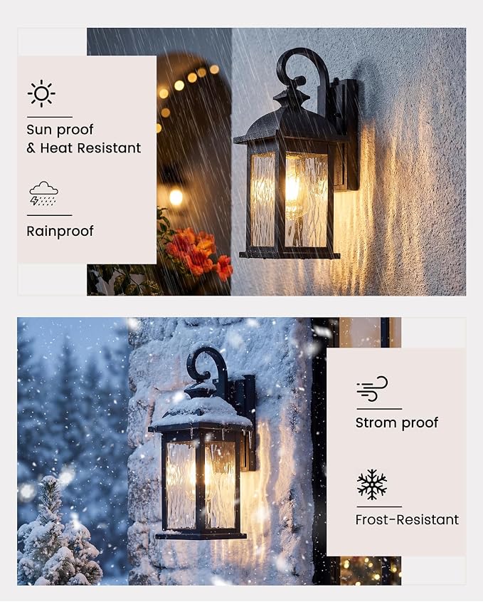 FEMILA Dusk to Dawn Exterior Wall Sconce, 15" Front Porch Light Fixtures Wall Mount for Patio, Garage, Garden, UL Listed, Matte Black Water Ripple Glass, 4FD54B-PC BK-WP