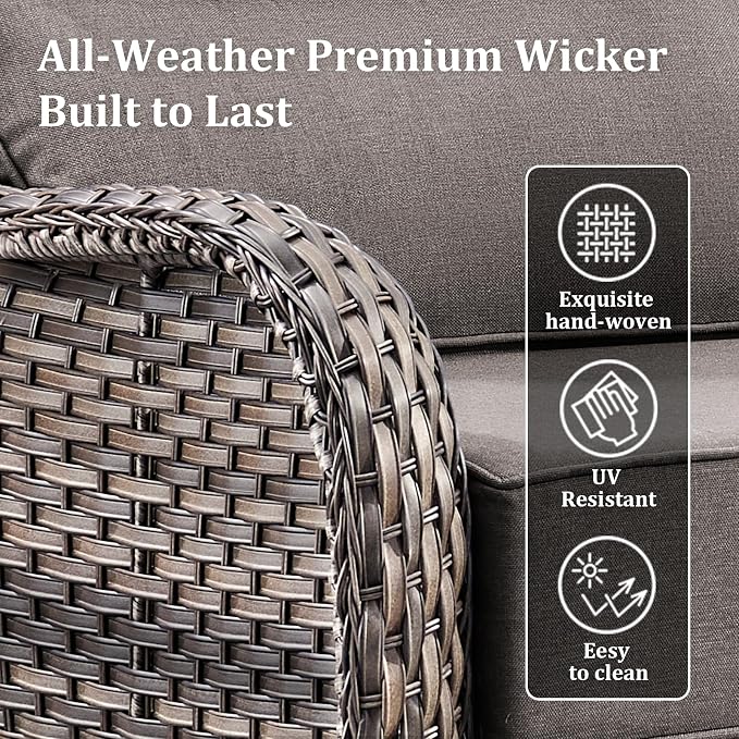 Luxury High Back Patio Furniture Set with Fire Pit Table and 6-Inch Thick Cushions, 5-Pieces Outdoor Furniture w/ 4 Swivel Chairs, Wicker Conversation Set for Porch, Balcony, Deck and Yard, Grey