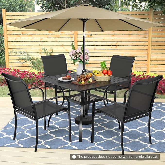 5-Piece Patio Dining Set with Umbrella,4 Person Outdoor Table and Chairs Set, 4 Metal Dining Chairs and Square Outdoor Table with 1.57" Umbrella Hole,Black