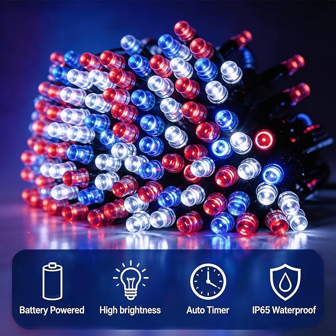 66ft 200LED Red White Blue Patriotic Lights for 4th of July Decoration Battery Fairy String Lights Indoor Outdoor Waterproof Remote Timer 8 Modes for Independence Day American Flag Holiday