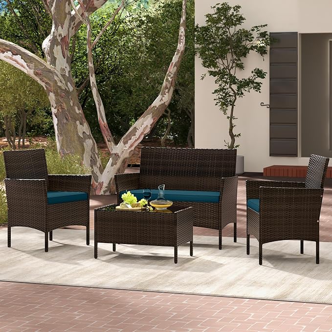 Tangkula 4 Piece Patio Rattan Conversation Set, Outdoor Wicker Furniture Set with Chair, Loveseat & Tempered Glass Table, Cozy Seat Cushions, Outside Sectional Sofa Set for Backyard (1, Peacock Blue)