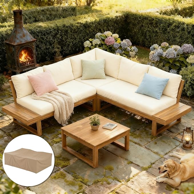 SUNSITT 4 Piece Acacia Wood Patio Furniture with Waterproof Cover, L-Shaped Outdoor Sectional Sofa Set with Coffee Table, FSC Certified Conversation Set with Built-in Side Table & Cream White Cushions