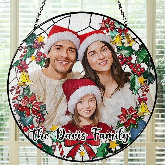 Personalized Stained Glass Christmas Suncatcher – Custom Family Photo Window Decor – First from Mom and Dad – Festive Holiday Ornament Keepsake