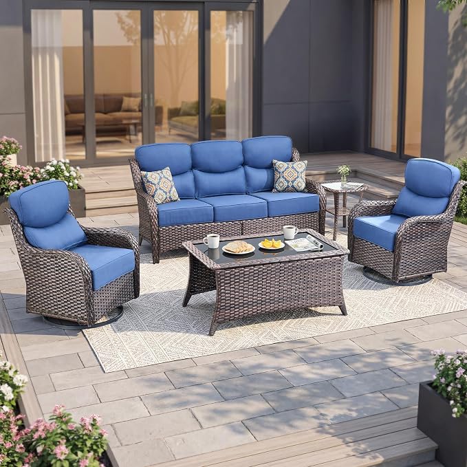 Luxury Swivel Rocker Chairs Sofa Set with 6" Thick Cushion 5 piece Wicker Outdoor Patio Chair with Coffee Table High Back Comfortable Outdoor Patio Furniture Set - Brown | Blue