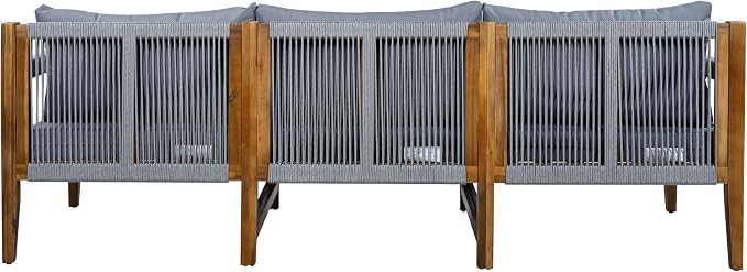 3 Pieces Outdoor Sectional Sofa Set,Rope Woven Patio Conversation Set with Solid Acacia Wood Frame,Water-Resistant Removable Cushions for Backyard,Deck and Poolside (Grey#40)