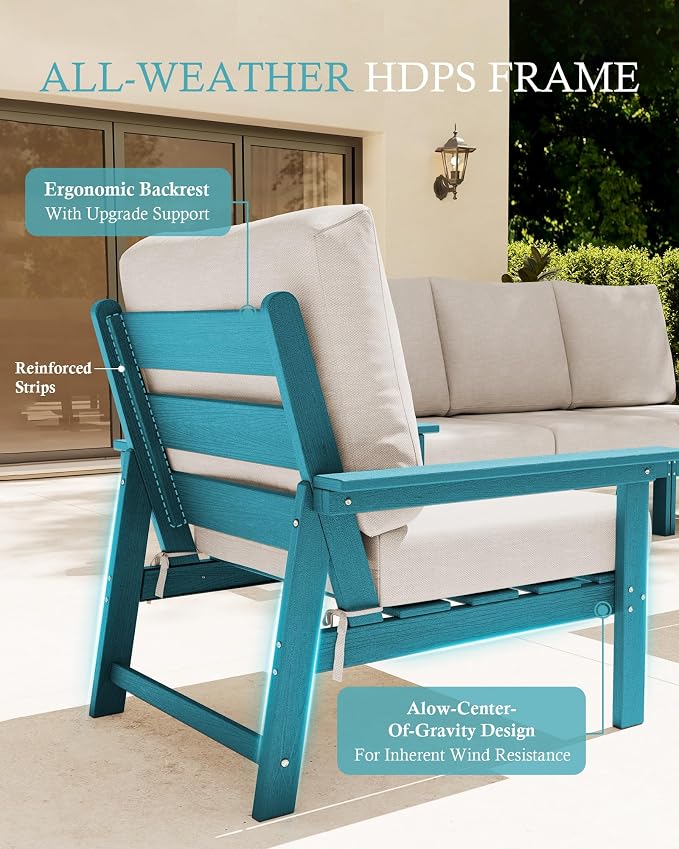 Ciokea Modular Patio Furniture Set with Thicked Cushions, 7Pcs All-Weather Outdoor Conversation Set with Coffee Table & Side Table, Modern Sectional Sofa Set for Deck (Blue Frame/Beige Cushions)