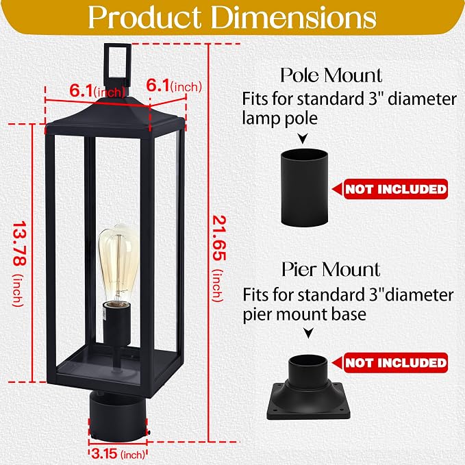 Large Lamp Post Light Fixture, 21.3 Inch Post Lamps Outdoor Lights for Residential Sidewalk Gate Post Light Pier Mount Lights