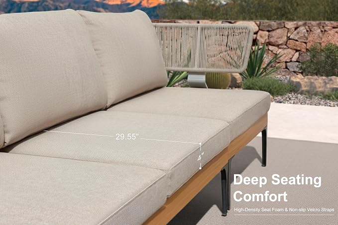 PURPLE LEAF Patio Furniture Set Outdoor Sectional Sofa with Cushions and Pillows Wicker L-Shaped 4 Pieces Aluminum Conversation Sets with Ottoman for Balcony Yard Garden Poolside, Oatmeal Greige