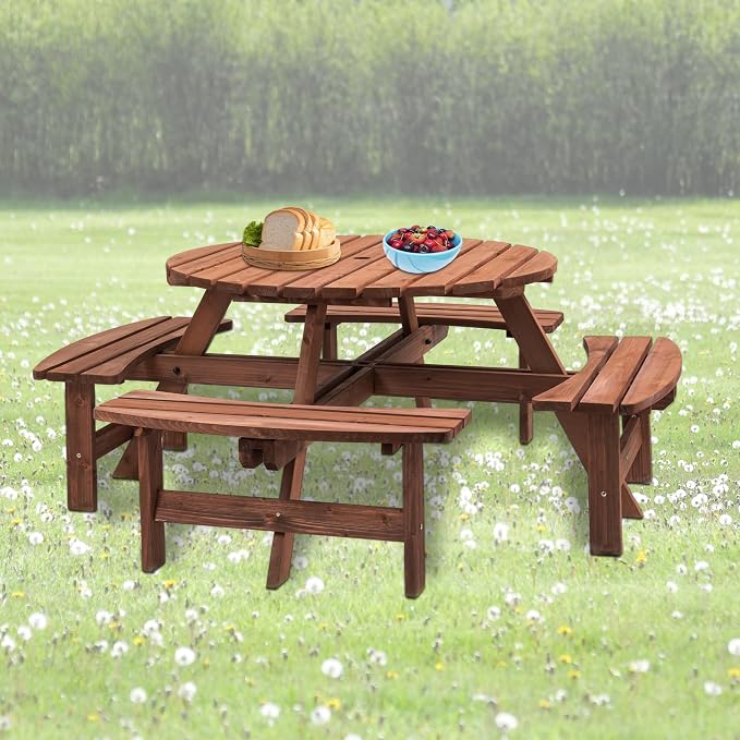 8 Person Round Wood Picnic Table, Outdoor Wooden Picnic Table with 4 Built-in Benches, Umbrella Hole, Circular Outside Table and Bench Set for Garden, Backyard, Porch, Patio, 2220lb Capacity - Brown