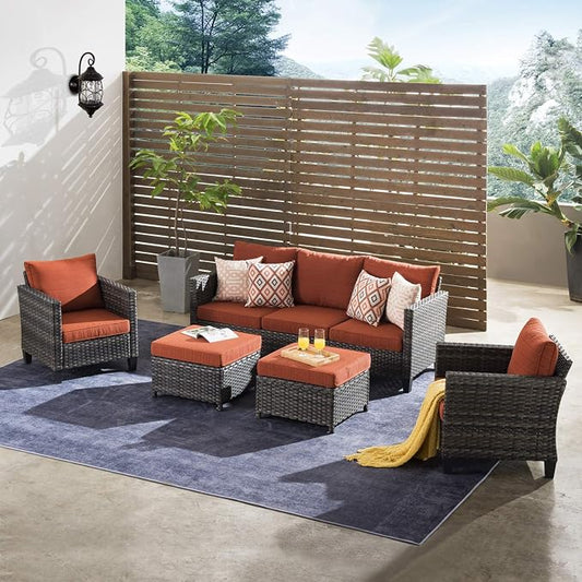 ovios 5 Pieces Patio Furniture Set, Outdoor Wicker Sofa Couch with Chairs Comfy Cushions, All Weather Grey Rattan Conversation Set for Backyard Deck Porch, Orange Red