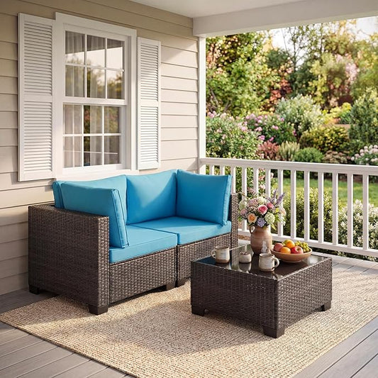 ANJ 3 Piece Outdoor Wicker Patio Furniture Set, Modular Loveseat Sofa with with Glass Top Coffee Table, All-Weather Rattan Conversation Couch Set for Balcony, Backyard, Dark Brown Wicker-Turquoise