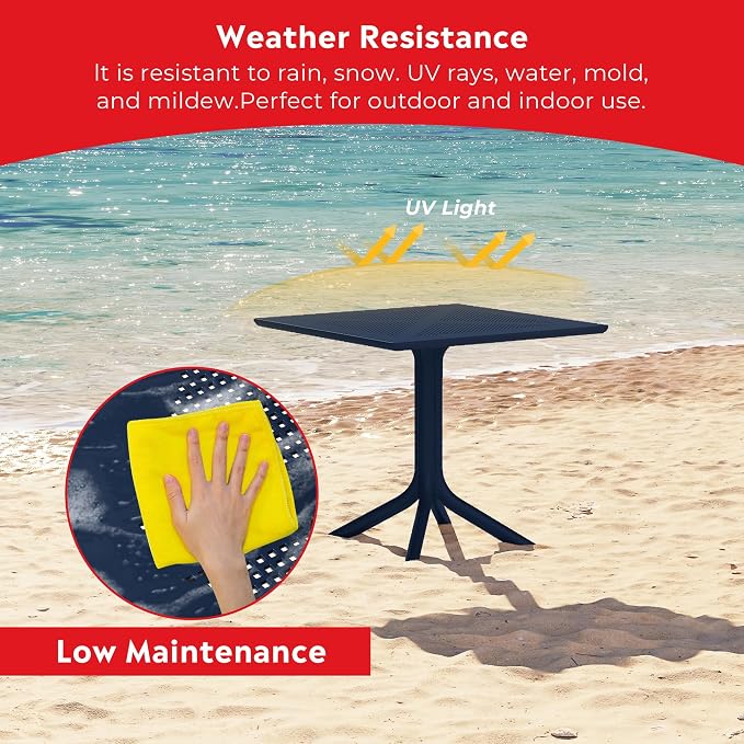 Costaelm Patio Dining Table for 4, Square PP Patio Table, 4-Person Weather Resistant Porch Tables for Outside Poolside Deck Lawn Garden Backyard, Navy Blue