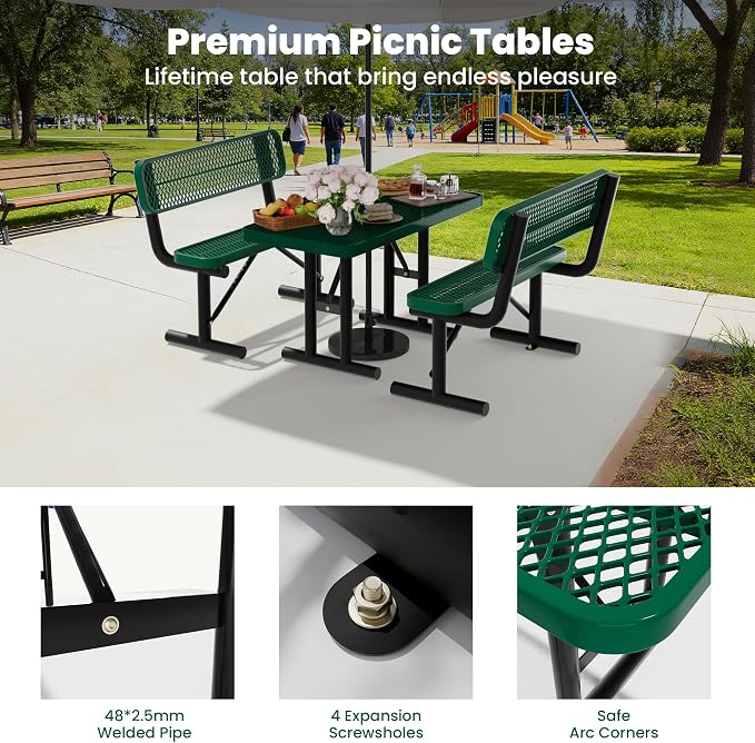 4FT Outdoor Metal Picnic Table with 2 Benches,Heavy Duty Rectangular Picnic Table Set for Outside, Waterproof Commercial Restaurant Table Furniture for Park, Campfield, Patio, Garden, Yard