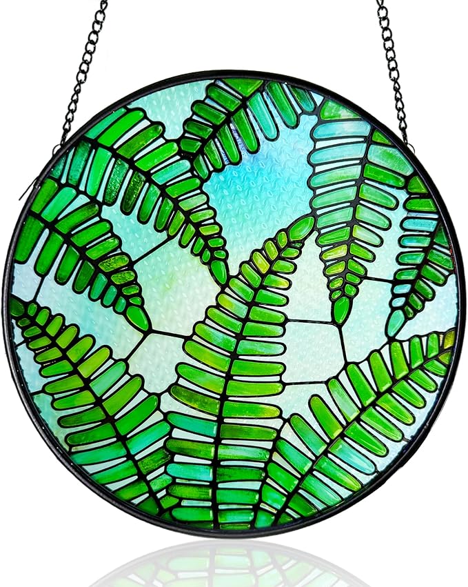 Plant Suncatcher Glass, Stained Glass Suncatcher Plant Window Hanging, Unique Nature Lover Gifts Leaf (Fern)