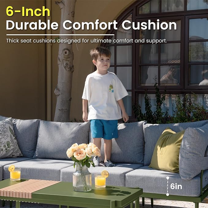 Sundale Outdoor 2 Pieces Metal Patio Furniture Set, Outdoor Sectional Sofa w/6 Inch Olefin Cushion, Modern Outdoor Conversation Sets for Porch, Balcony (Grey/Green)