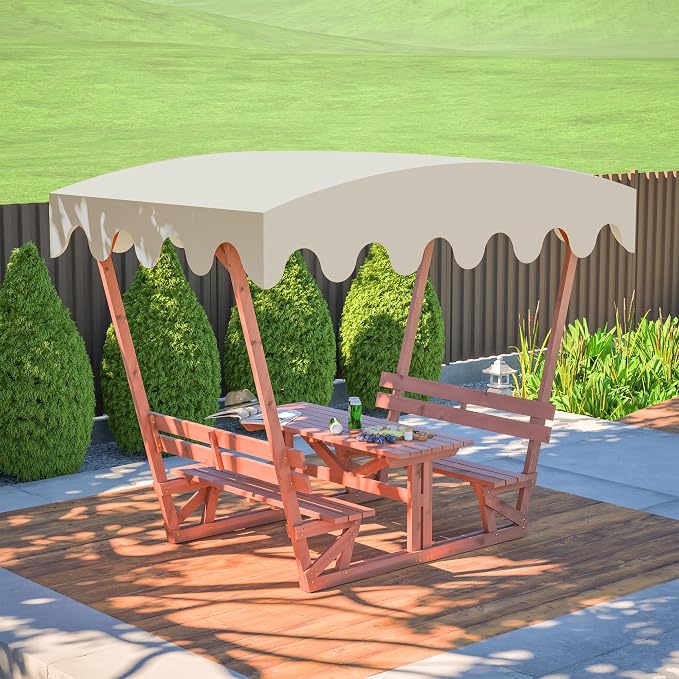 KEIKI Outdoor Waterproof Solid Wood Picnic Table and Bench Set with Removable Canopy, Outdoor Picnic Table Set for Patios, Gardens, Decks, Parks, Beaches